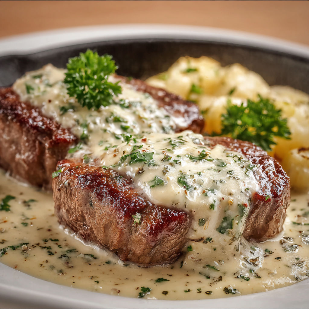 Steak parfumé sur pommes de terre dorées et herbes fraîches.