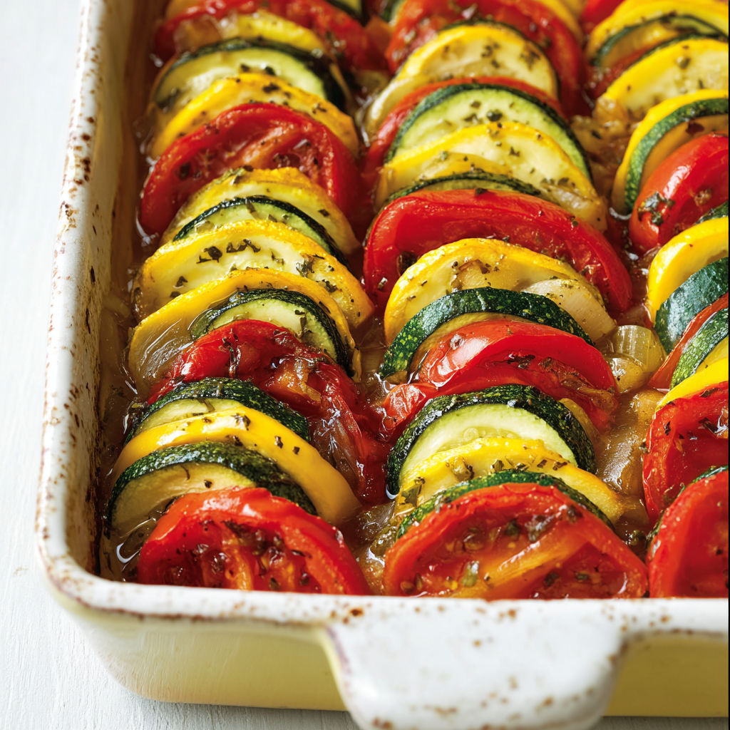 Un tian de courgettes tout chaud dans un plat en verre.