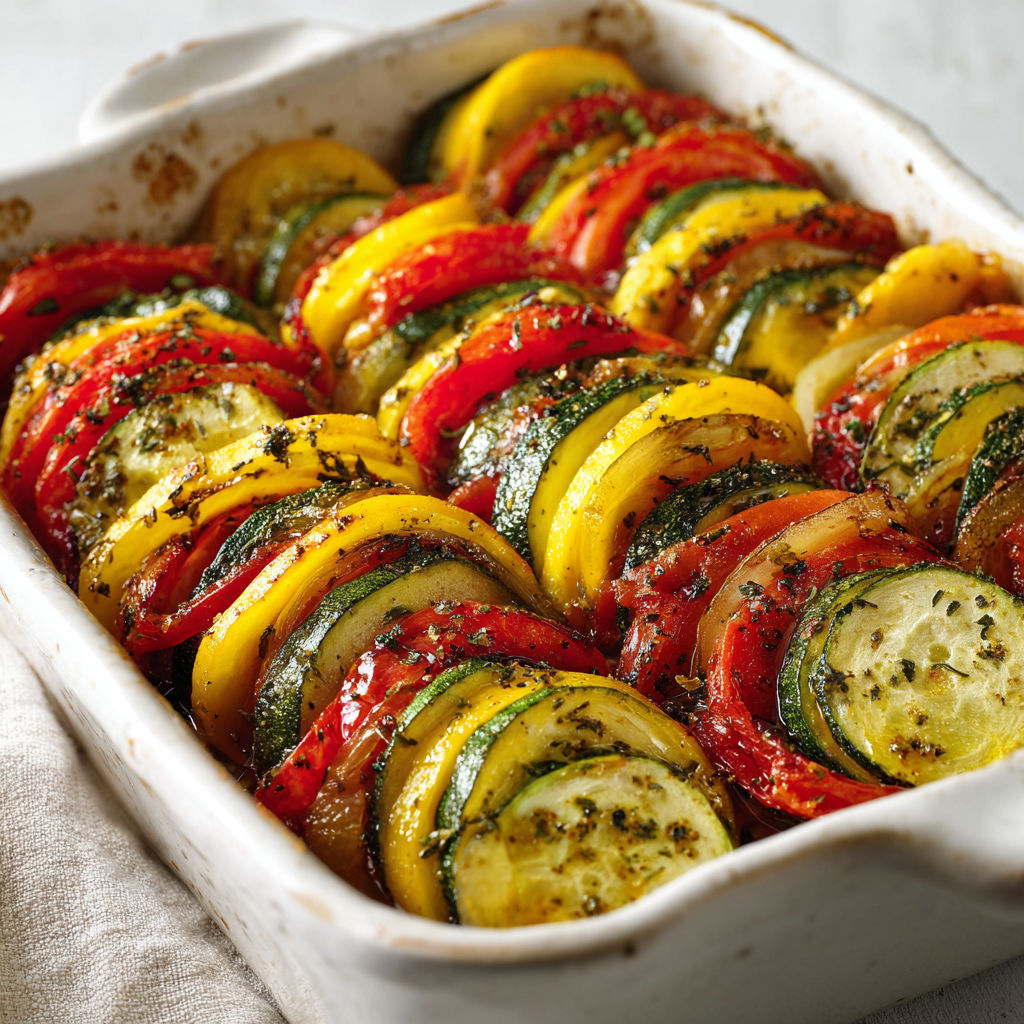 Un plat en céramique rempli de courgettes, aubergines et tomates colorées cuites ensemble.