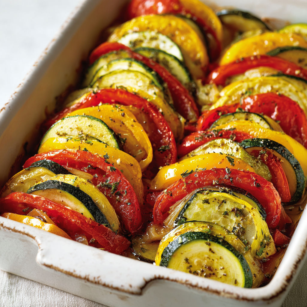 Une tarte cerclée de fines tranches de courgettes, tomates et herbes, cuite dans un plat en céramique.