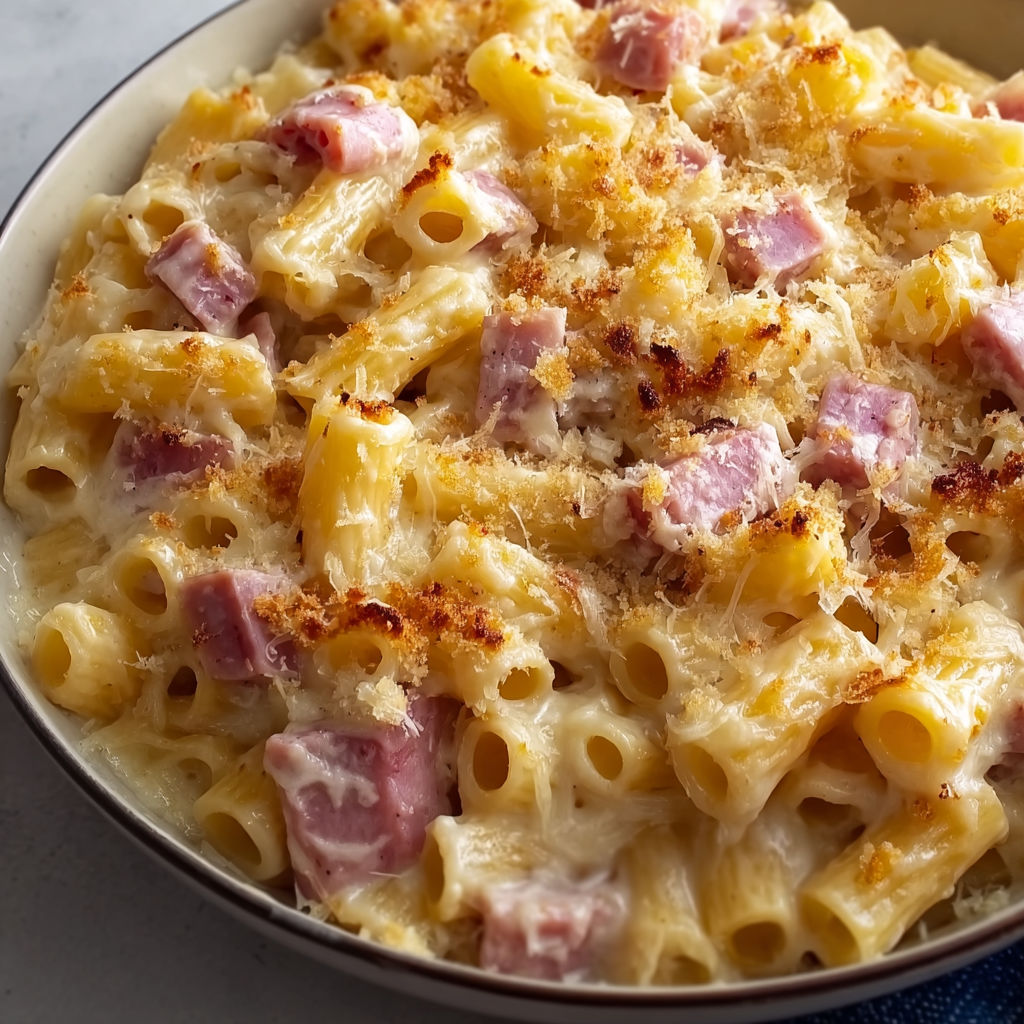Des pâtes onduleuses avec du jambon coupé dans une assiette, parsemées de fromage fondu.