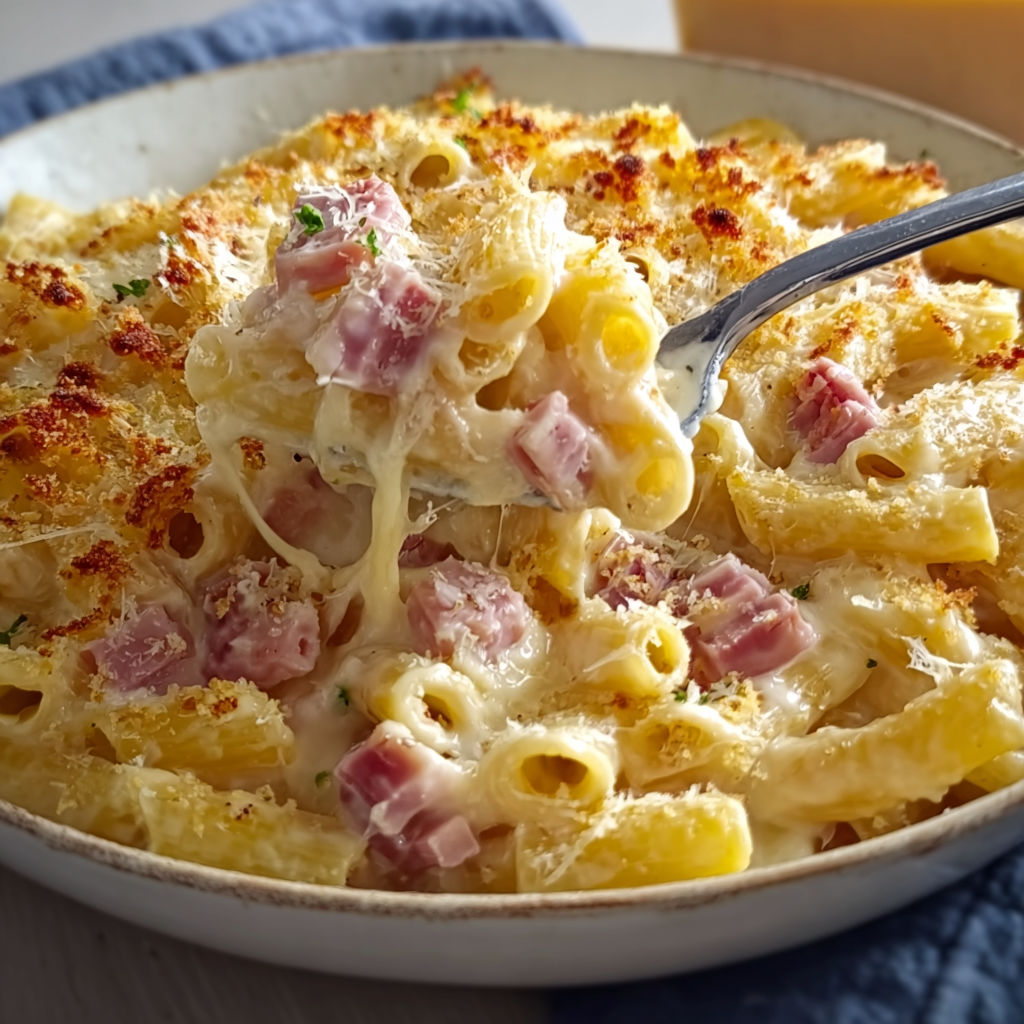 Un plat de macaroni fondant jambon-fromage avec des légumes.