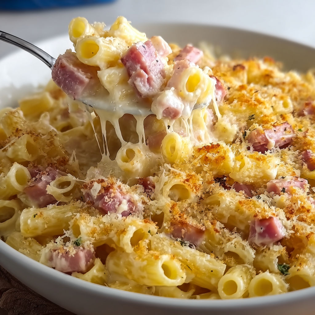 Plat de macaroni crémeux au jambon avec grande cuillère pleine de sauce.