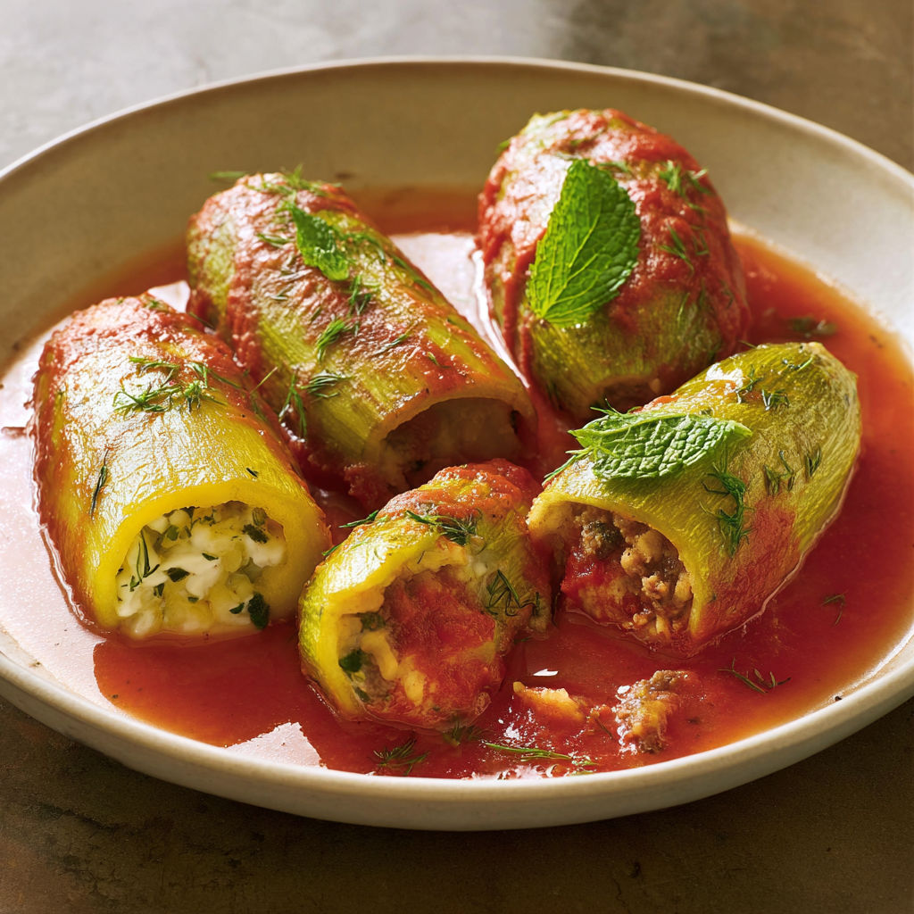 Assiette de courgettes farcies et sauce tomate.