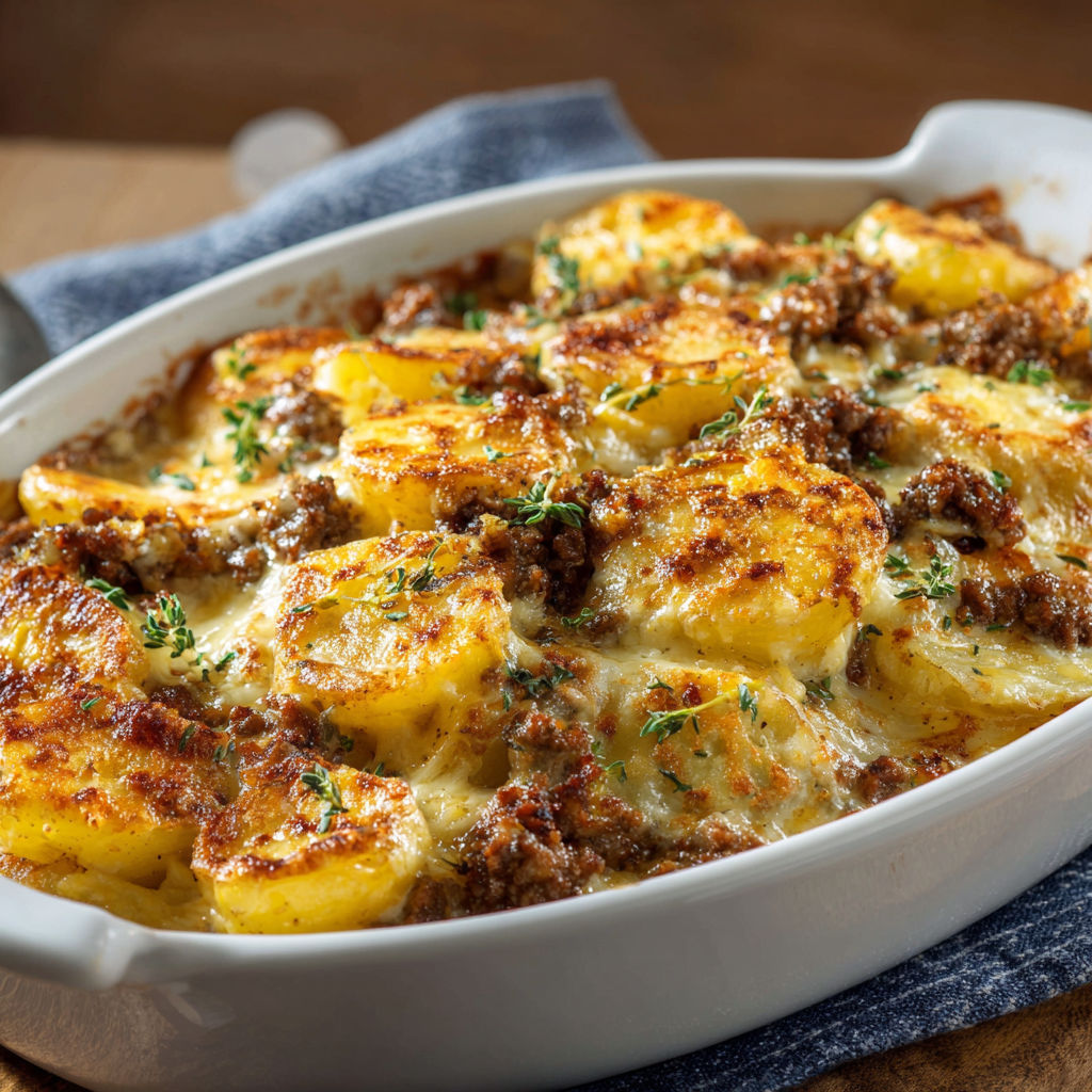 Un gratin de pommes de terre et bœuf avec un peu d’herbes servi dans un plat en porcelaine.