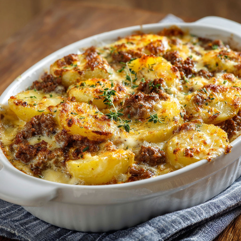 Un gratin doré de pommes de terre avec des morceaux de champignons, bien fondant.