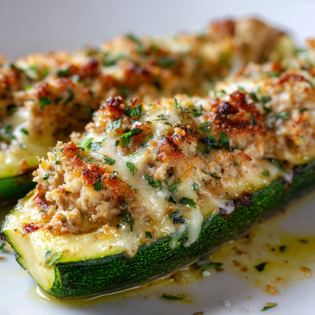 Courgettes garnies de thon et fromage fondant, posées sur une belle assiette blanche.