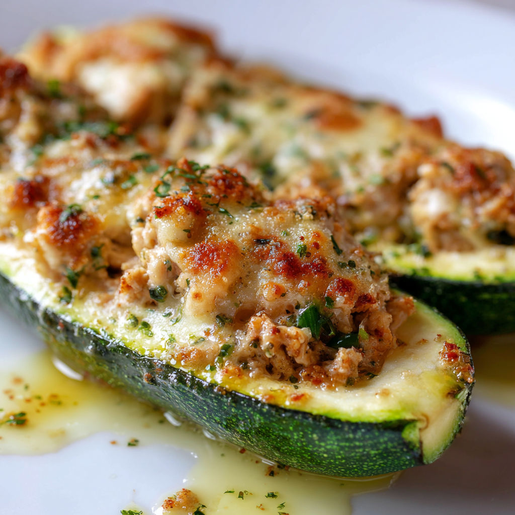 Des courgettes farcies au fromage et thon posées sur une planche en bois prêtes à déguster.