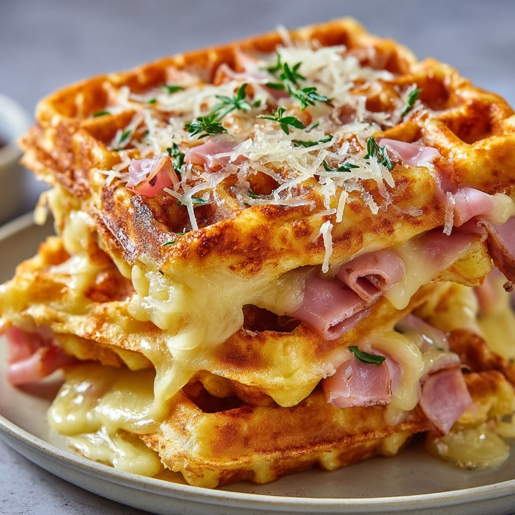 Plusieurs gaufres jambon-fromage toutes fondantes empilées sur une assiette.