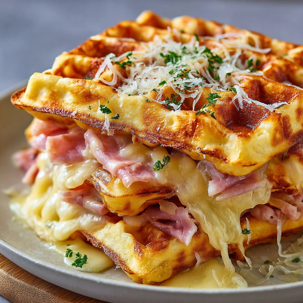 Un tas de gaufres au fromage et aux fines herbes avec des morceaux de jambon et du fromage.