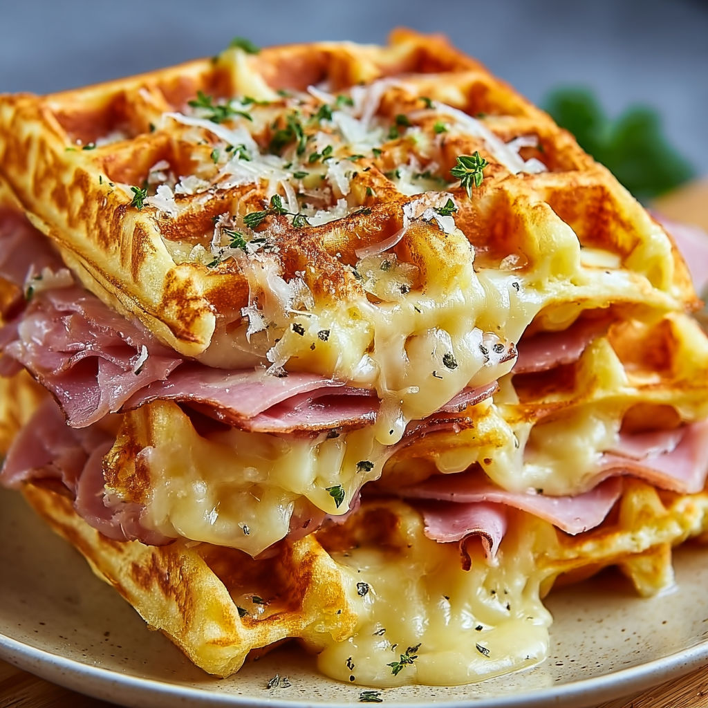Des gaufres au fromage, aux fines herbes, avec du jambon et des herbes fraîches en déco.