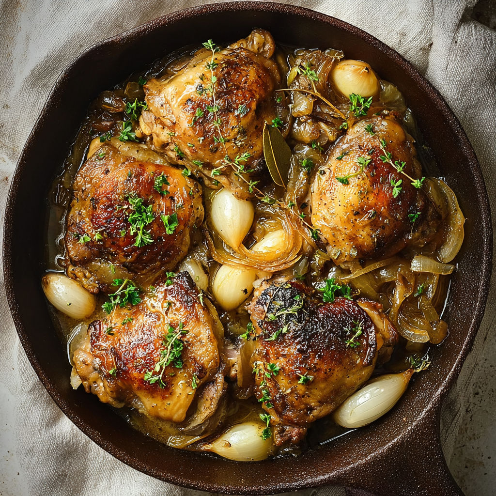 De belles cuisses dorées avec oignons fondants et gousses d’ail dans une cocotte en fonte.