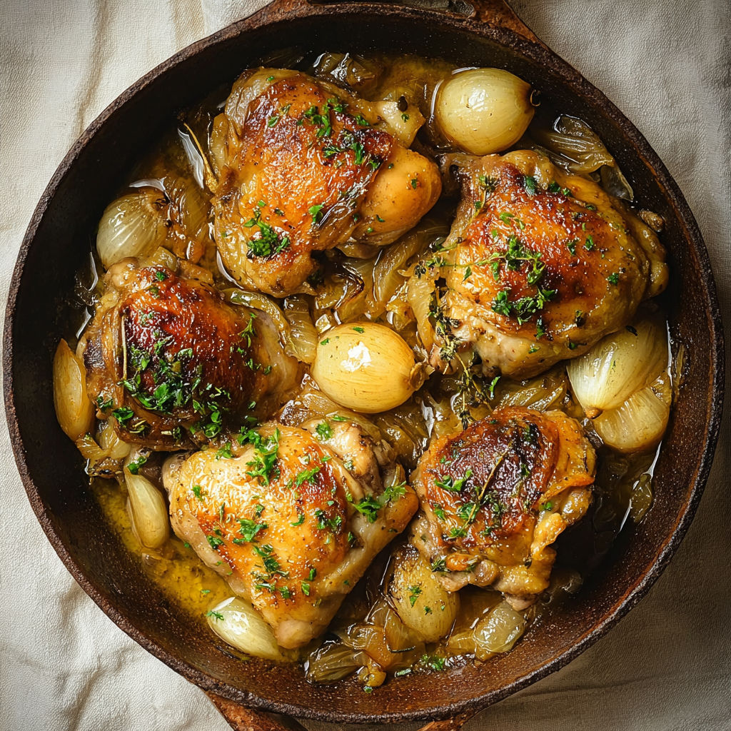 Cuisses de poulet dorées avec oignons fondants, servies dans un bol rustique.