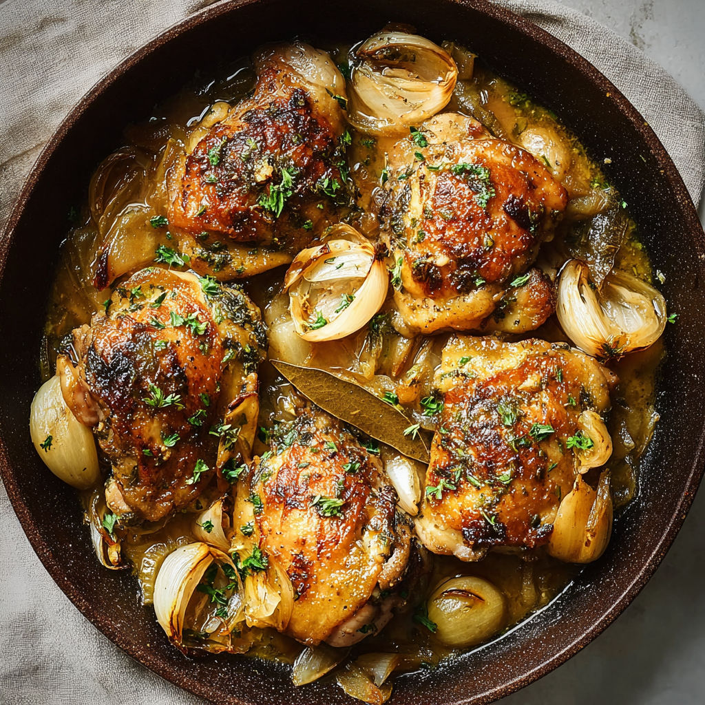 Cocotte de poulet mijoté avec oignons et sauce au vin blanc, prête à servir.