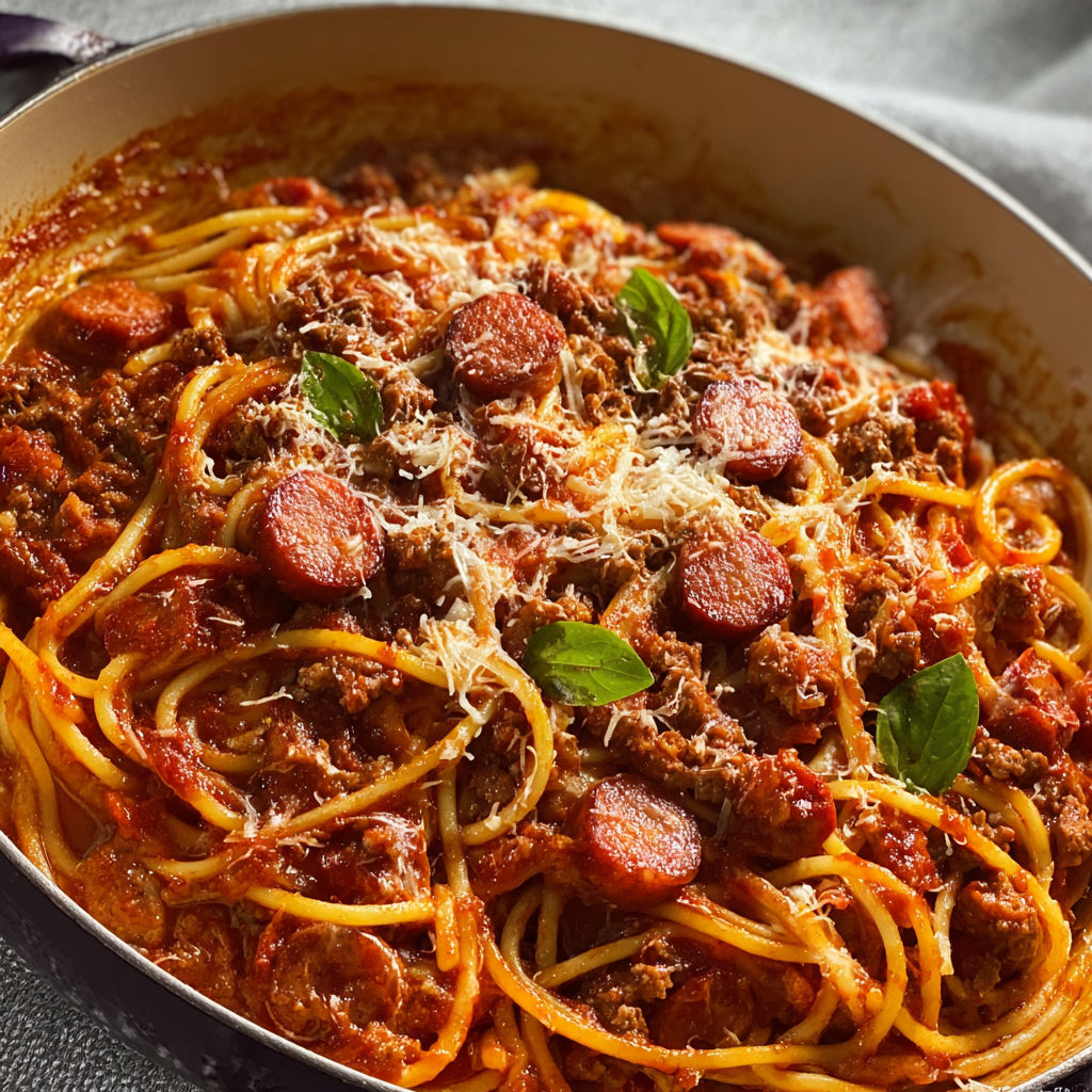 Une grosse marmite de spaghetti au bœuf haché et à la saucisse fumée.