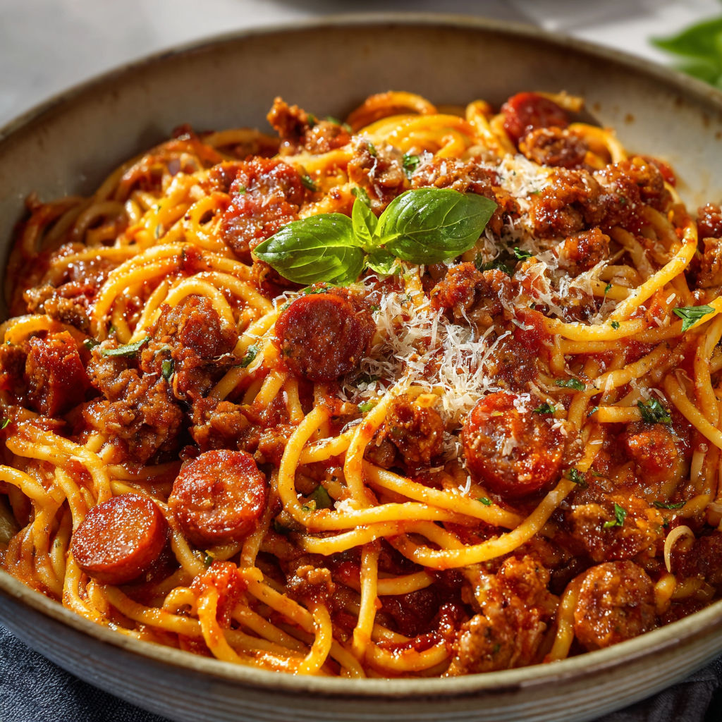Gros plan de spaghetti nappés de sauce tomate, boulettes de viande et basilic frais.