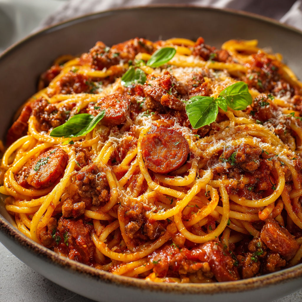 Assiette généreuse de spaghetti, viande et herbes fraîches.