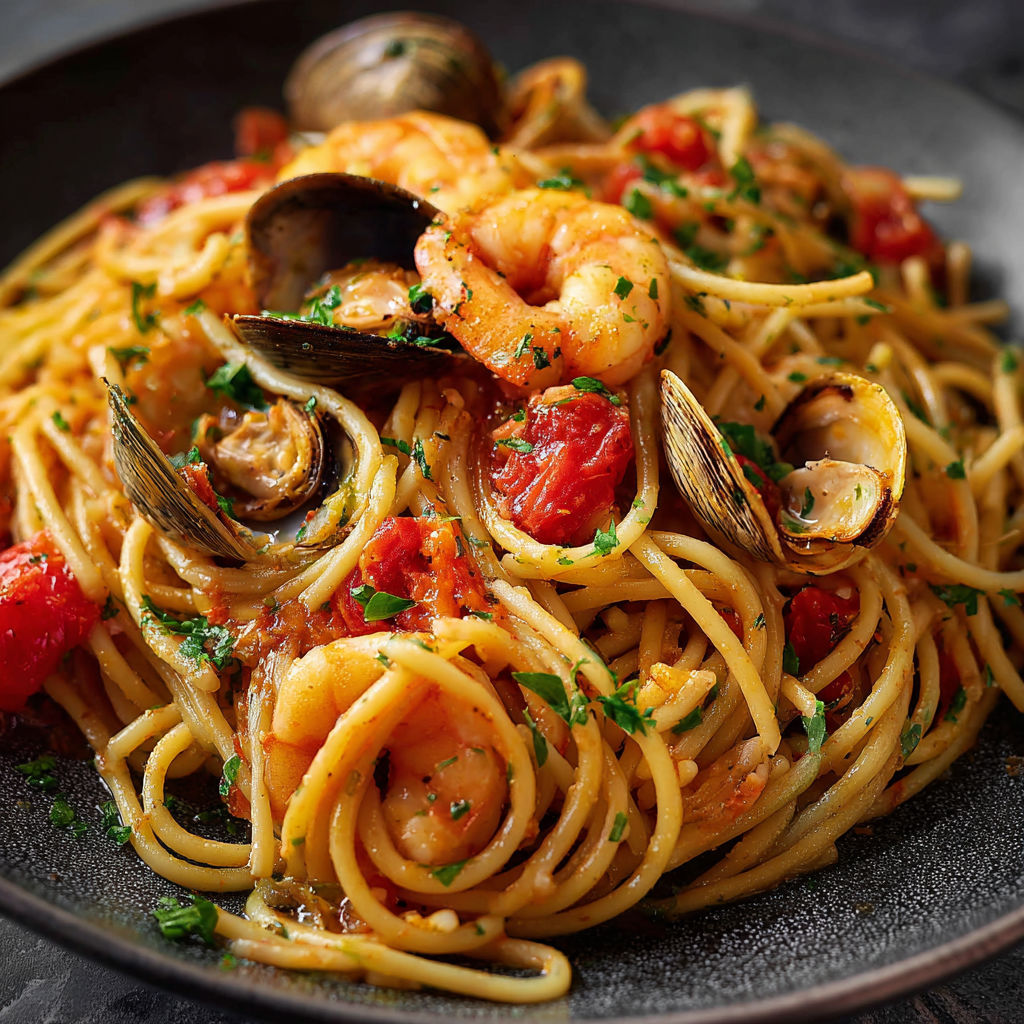 Pâtes Scoglio mêlées de moules, coquillages et tomates, servies à l'italienne.