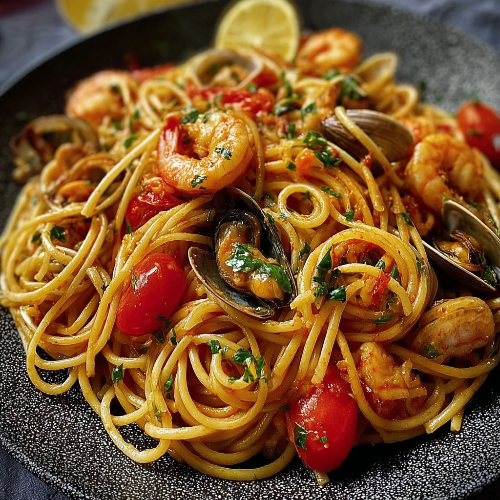 Grande assiette de scoglio, tomate, coquillages et oignon doux, ambiance familles nombreuses.