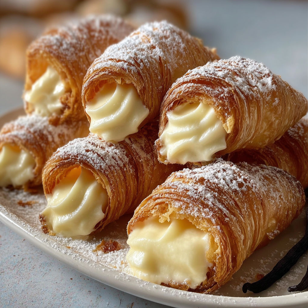 Cornets en pâte feuilletée bien garnis de crème vanille déposés sur une plaque.
