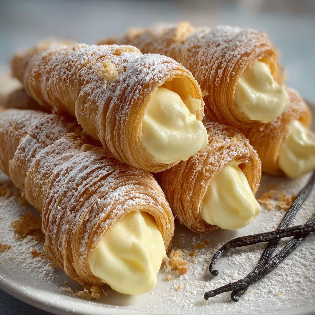 Assiette de cônes feuilletés fourrés de crème à la vanille.