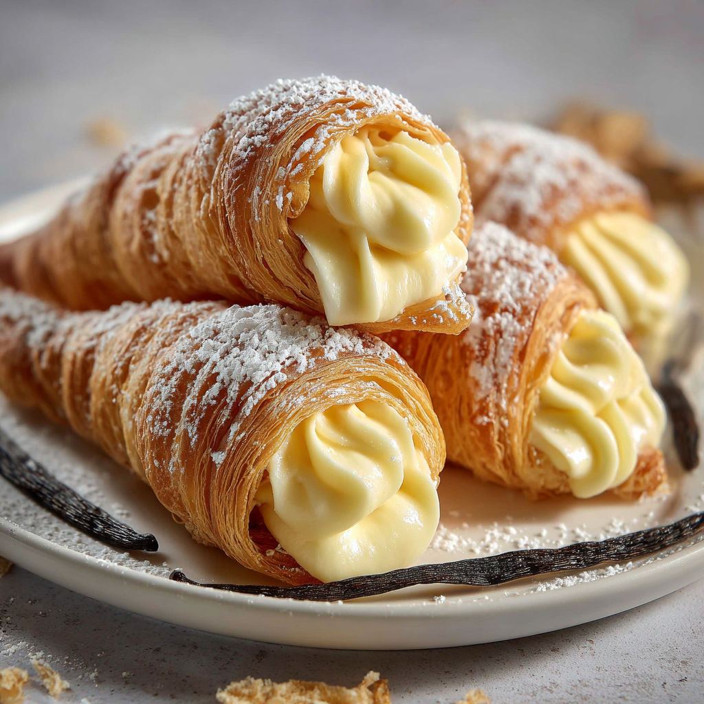 Des cônes de pâte feuilletée bien dorés remplis de crème à la vanille posés sur un plateau, prêts à être dévorés.