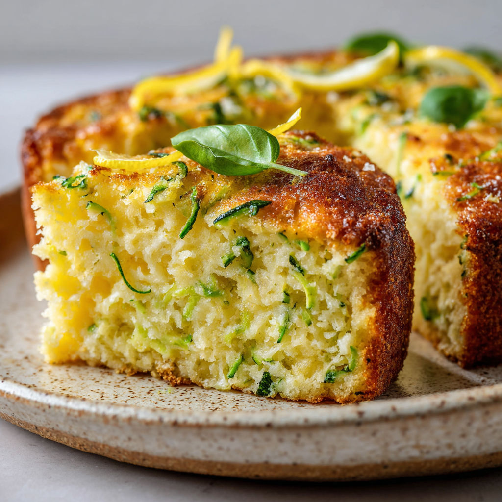 Une part moelleuse à la courgette, ricotta et citron.