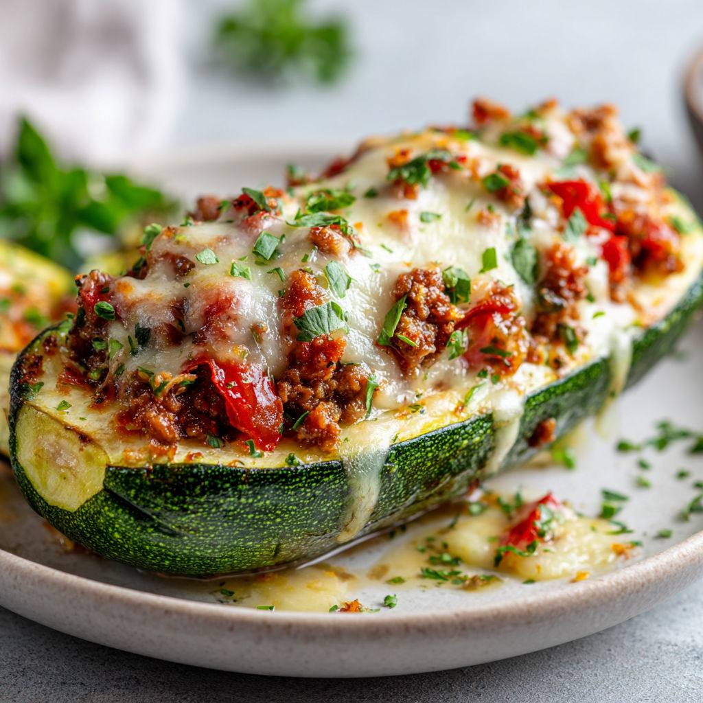 Courgette fourrée et gratinée avec viande et fromage fondant, posée sur une assiette.