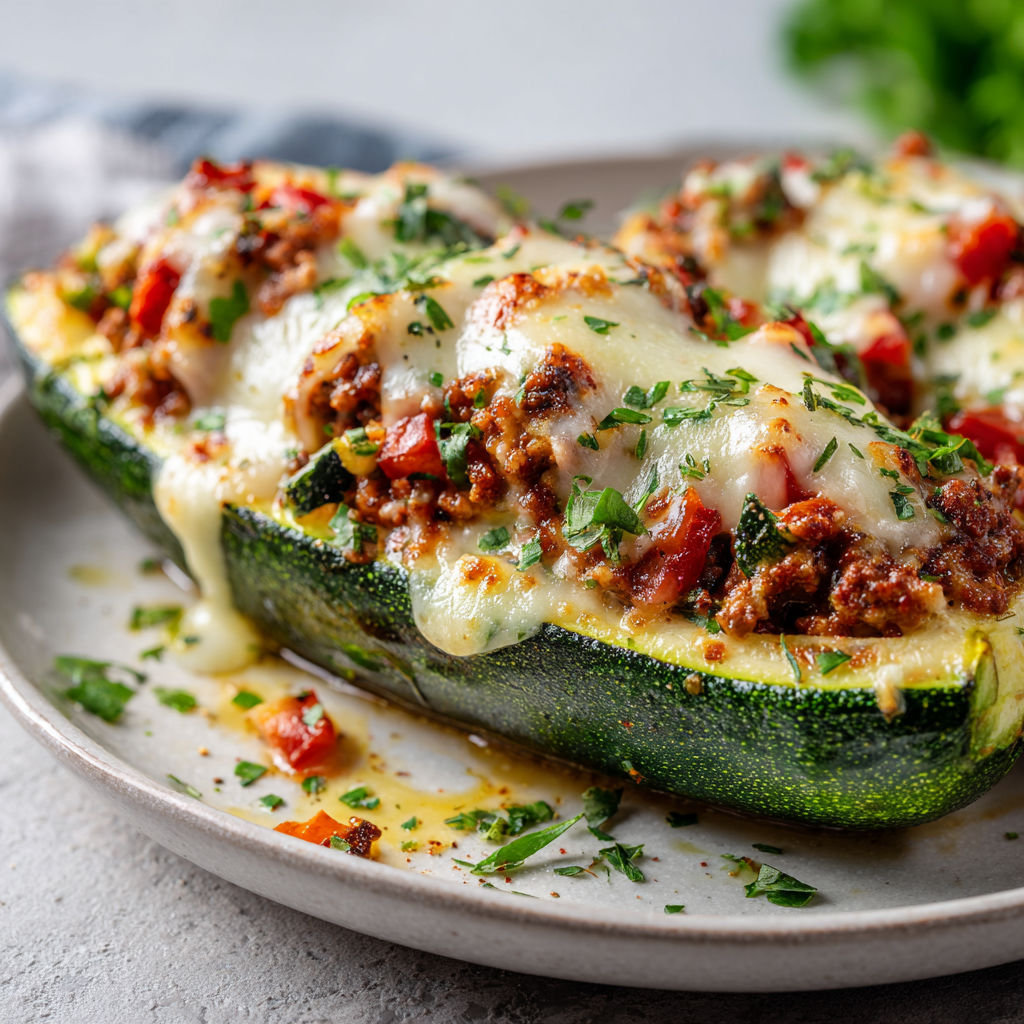 Un poivron farci avec du fromage fondu et des tomates, posé sur une grande assiette.