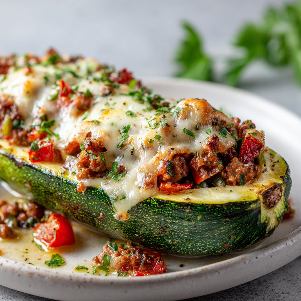 Une courgette garnie de viande hachée et de fromage fondant, servie avec de la salade verte.