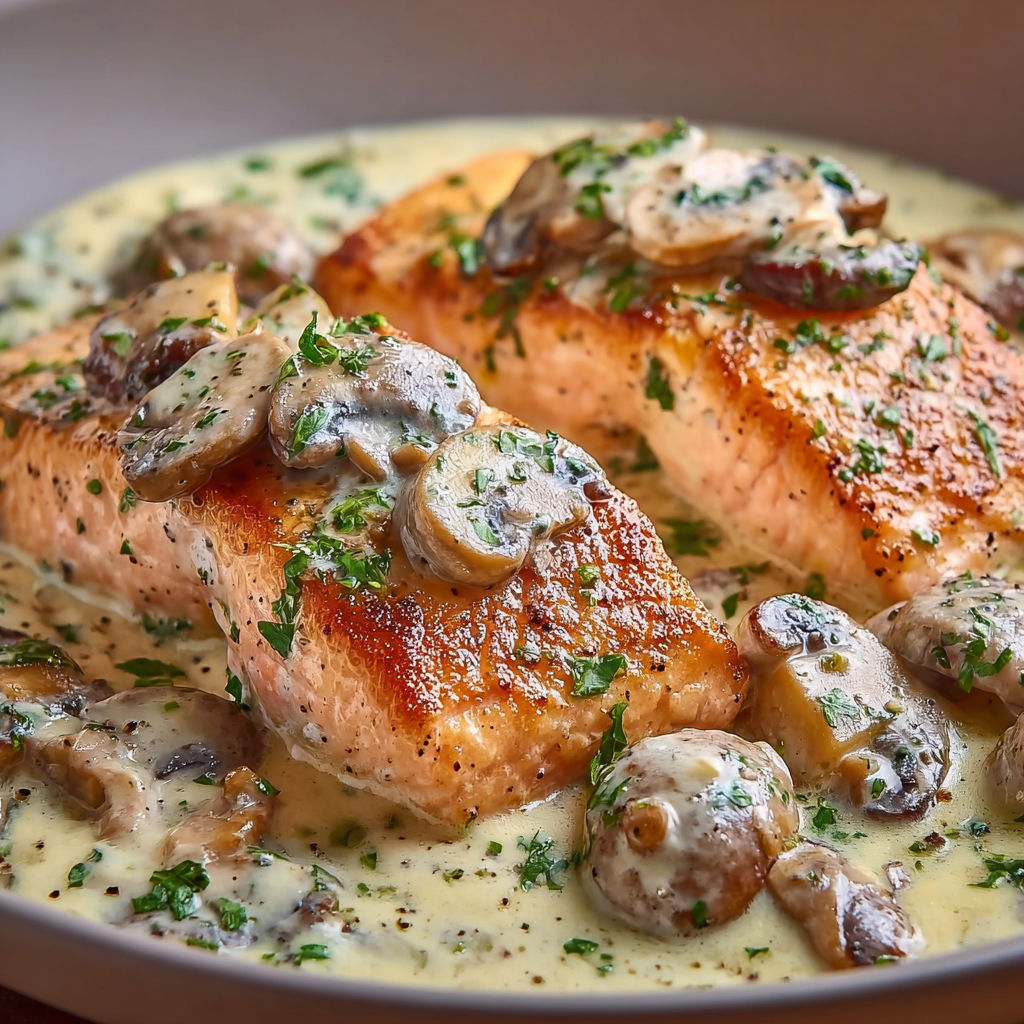 Saumon sur lit de sauce crémeuse aux champignons et herbes fraîches