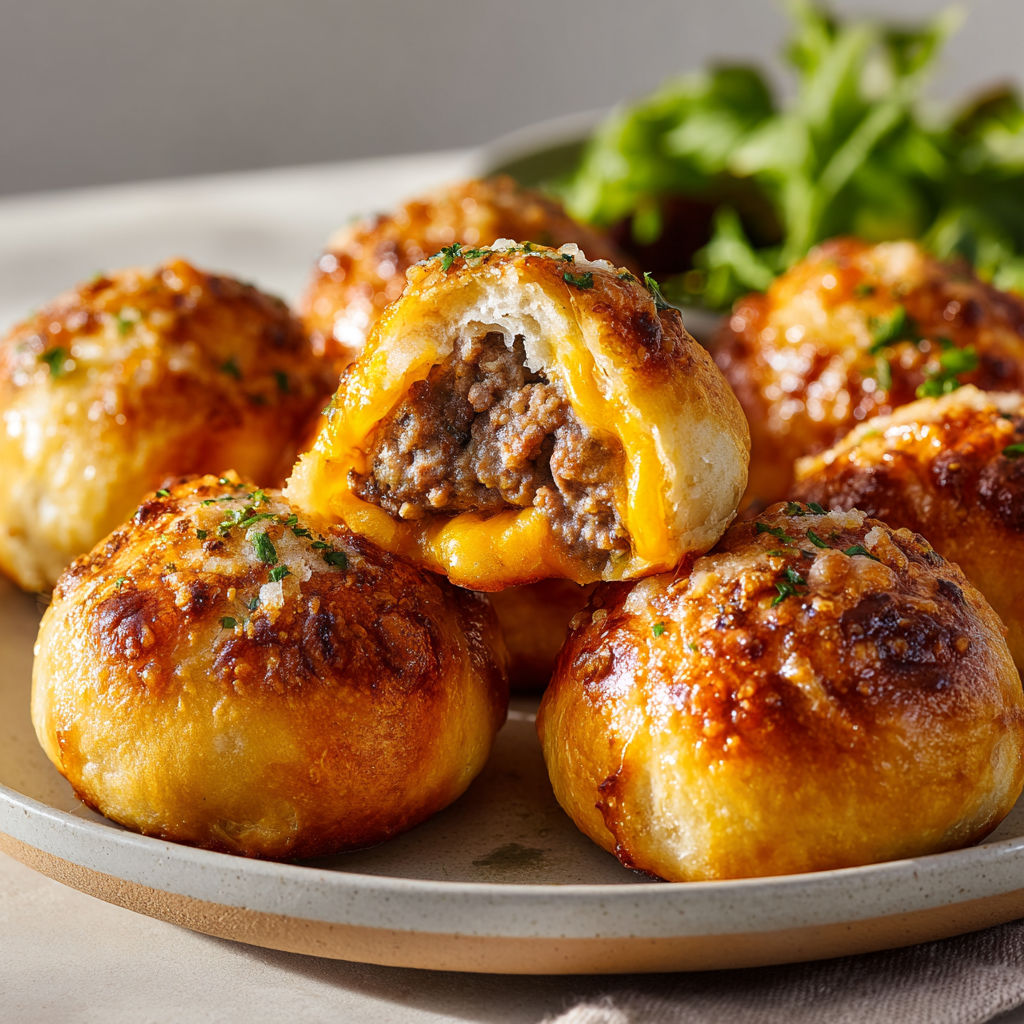 Assiette de boulettes cheeseburger au parmesan et herbes fraîches.