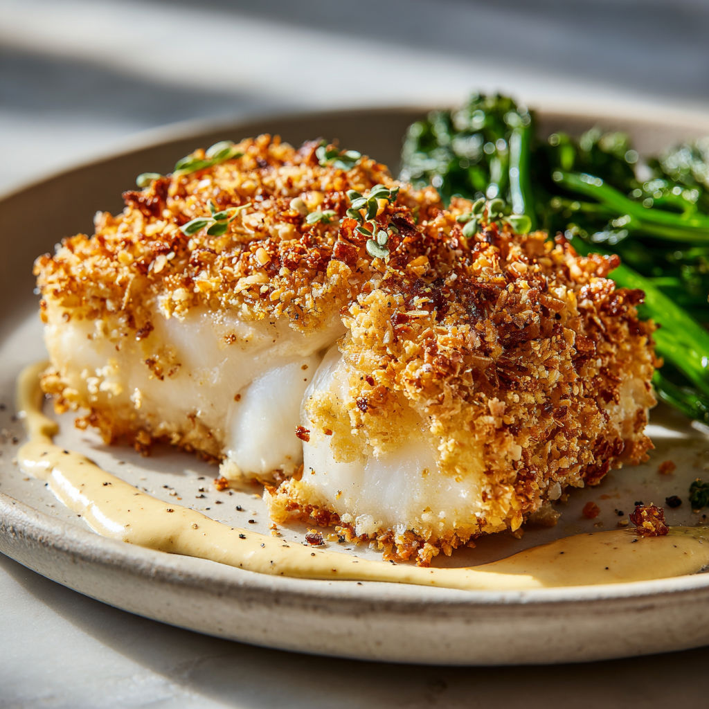 Un filet de poisson croustillant accompagné de pousses vertes et d’herbes.