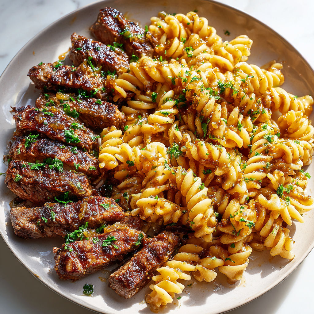 Steak moelleux et rotinis nappés de miel ail sur un plat.