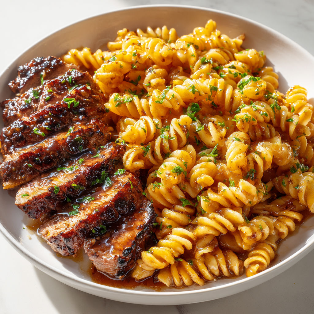 Un bol généreux avec pâtes torsadées et pièce de bœuf grillée.
