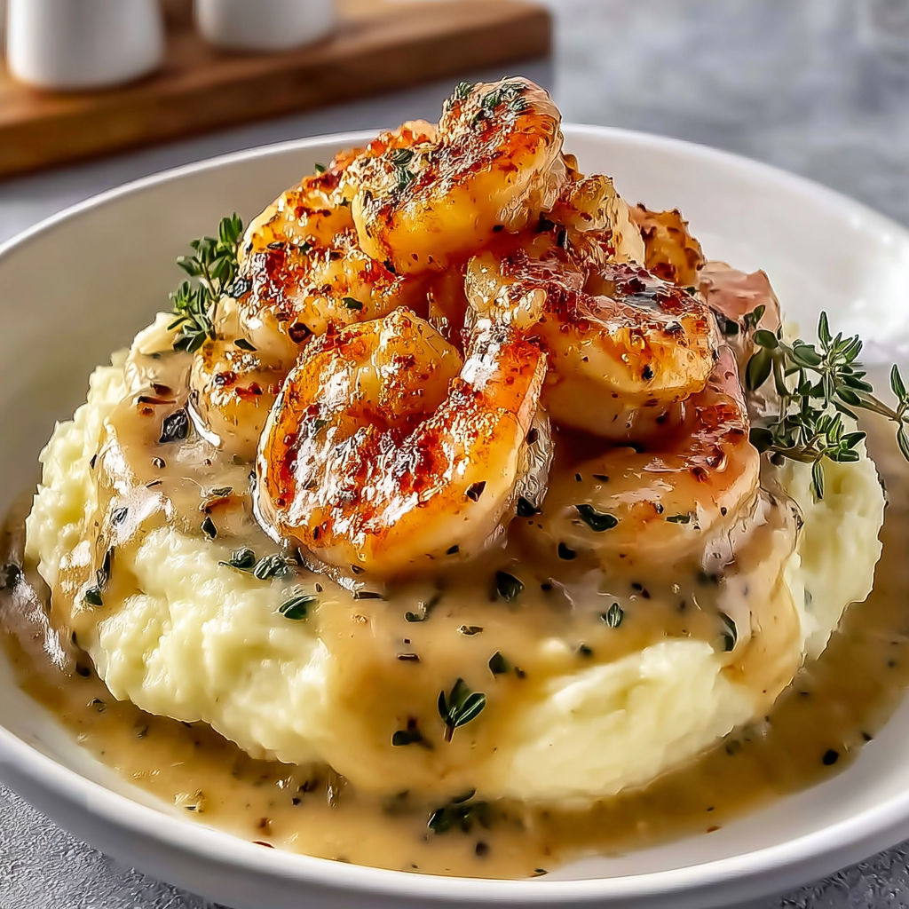 Jolie assiette de crevettes crémeuses à l’ail sur une purée de pommes de terre.