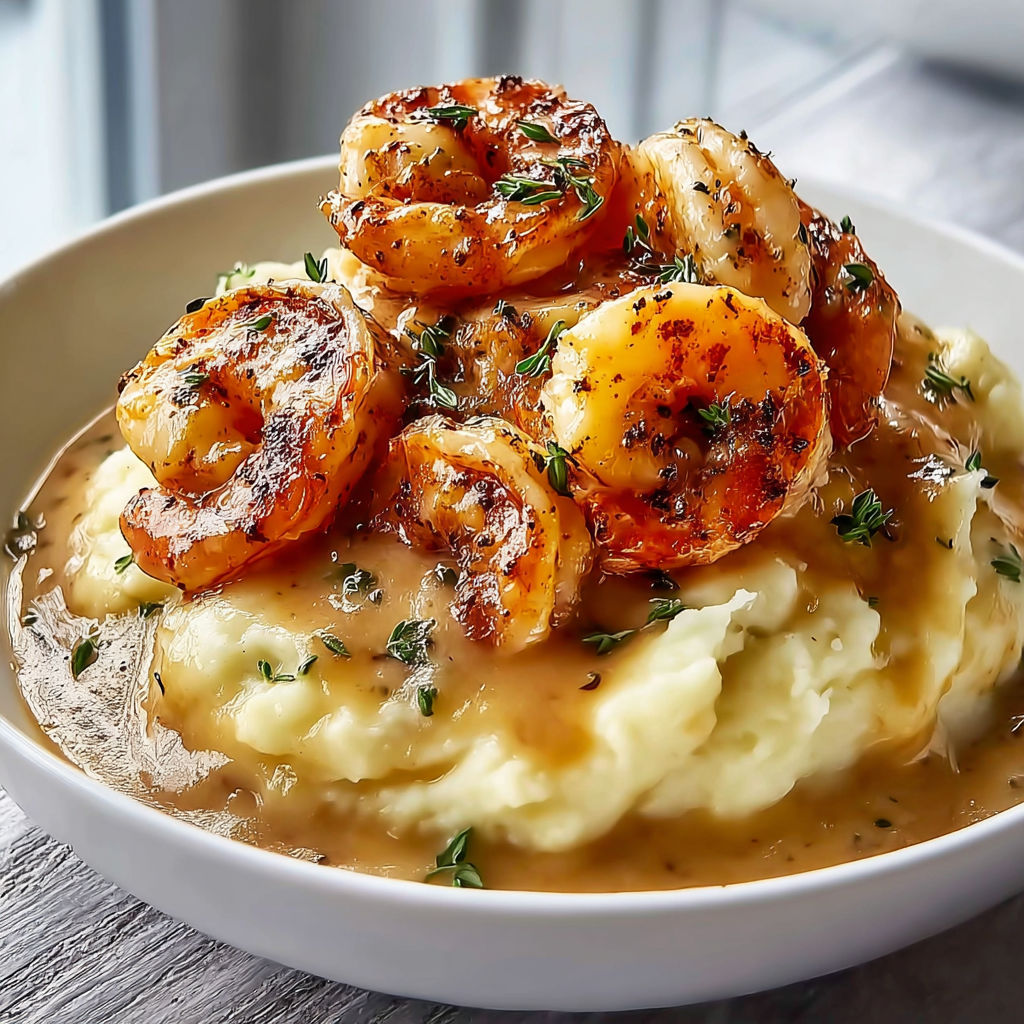 Des crevettes sur un lit de purée, nappées de sauce crémeuse parfumée à l’ail.