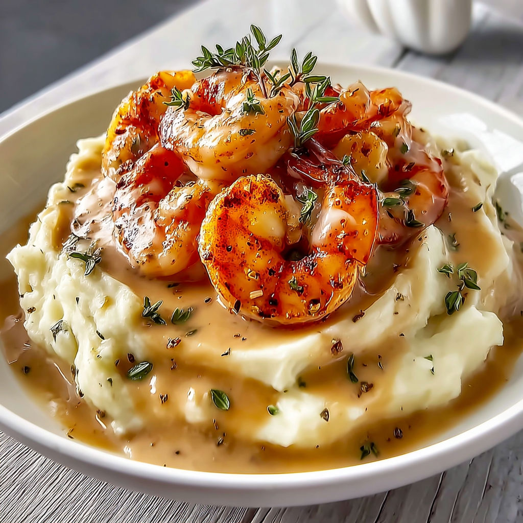 Une assiette creuse garnie de crevettes et purée nappées d’une sauce crémeuse.