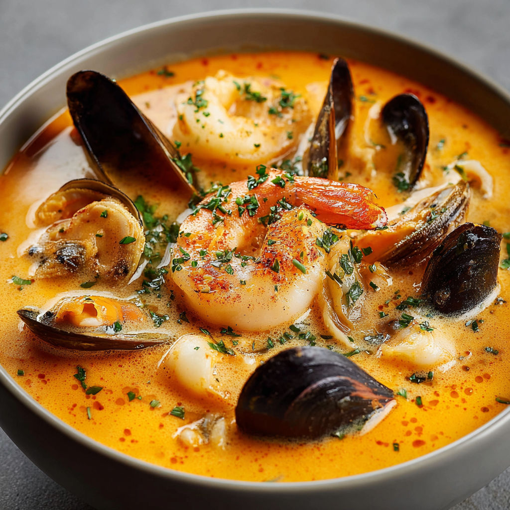 Un grand bol de soupe crémeuse pleine de fruits de mer et d’épinards est posé sur la table.
