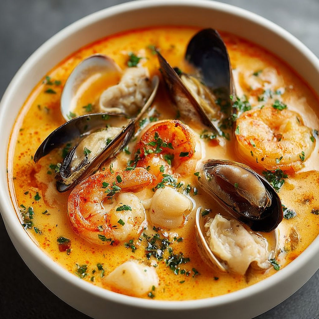 Un plat gourmand où poissons, moules et légumes mijotent dans une soupe crémeuse pleine de parfums.