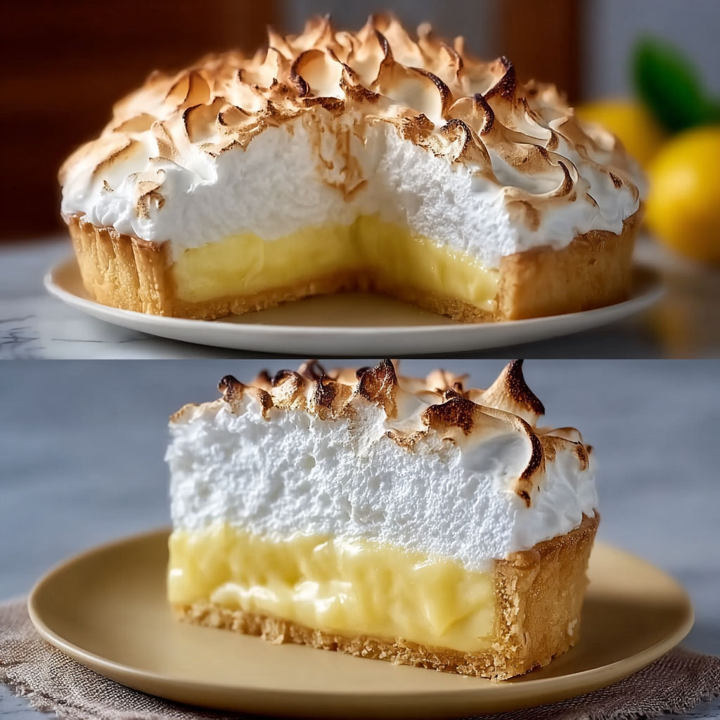 On voit le gâteau citron meringué, coupé d’un côté, posé sur un joli plateau.