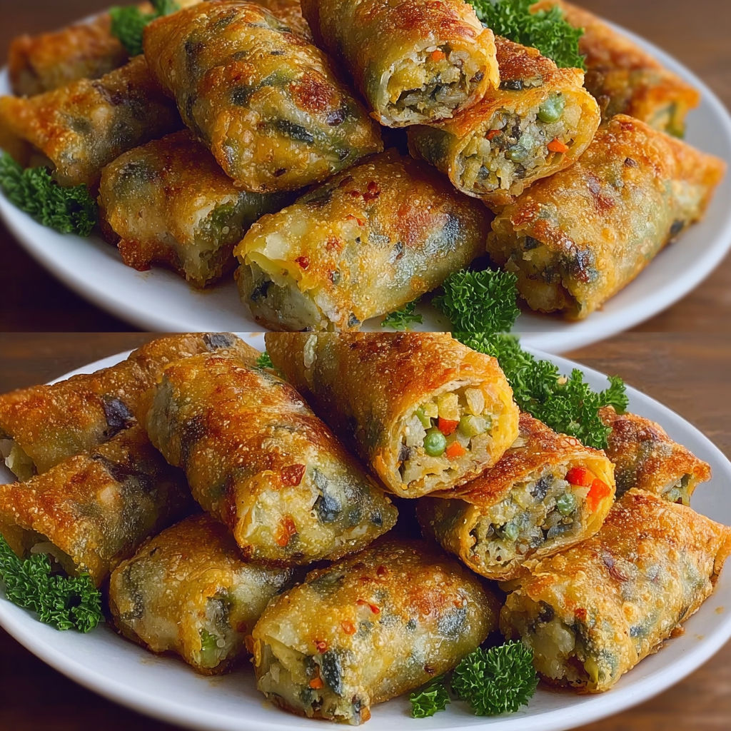 Plateau garni de briouates dorées aux légumes, avec carottes et poivrons, prêt à être partagé.