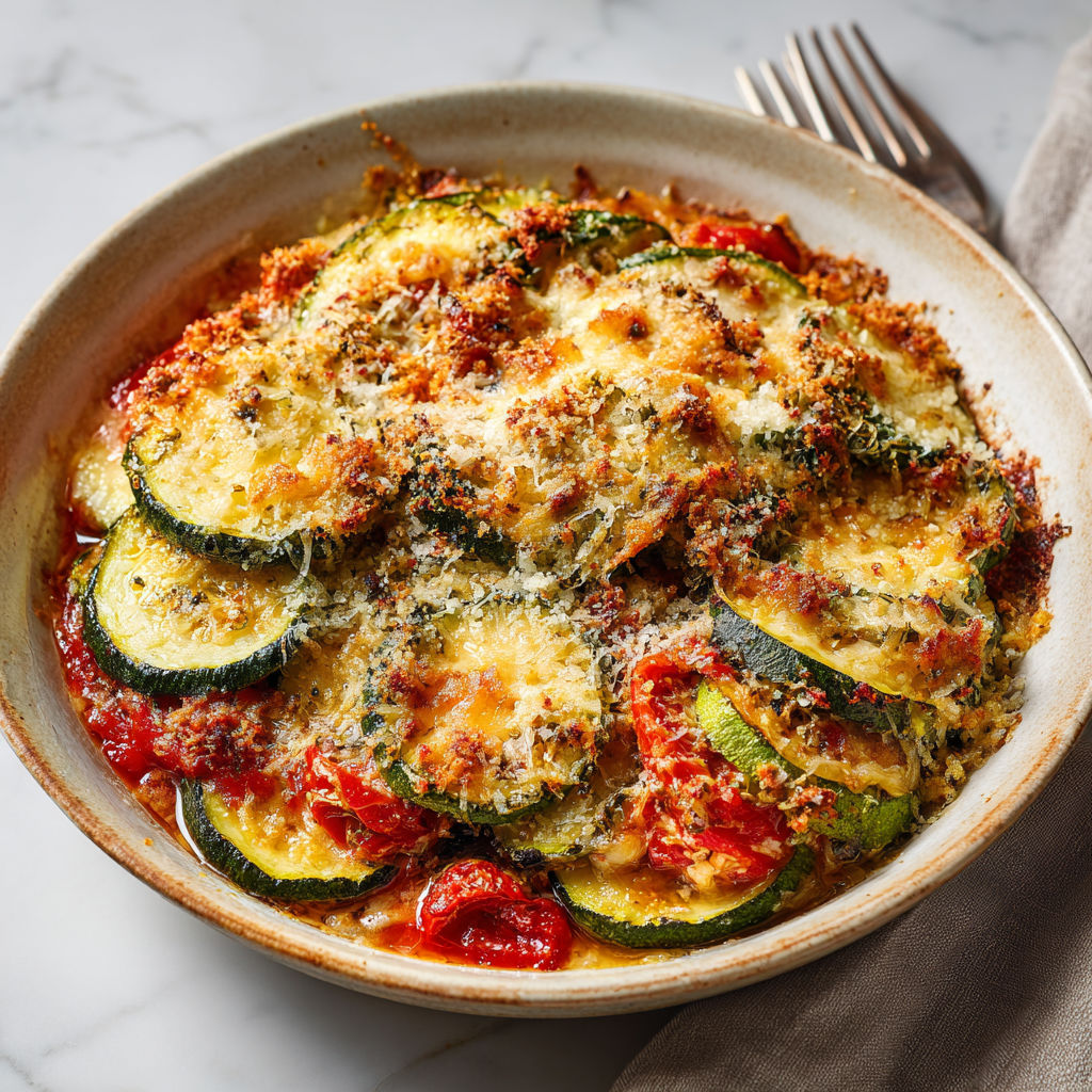 Une préparation gratinée à la courgette, servie dans un plat en céramique sur la table.