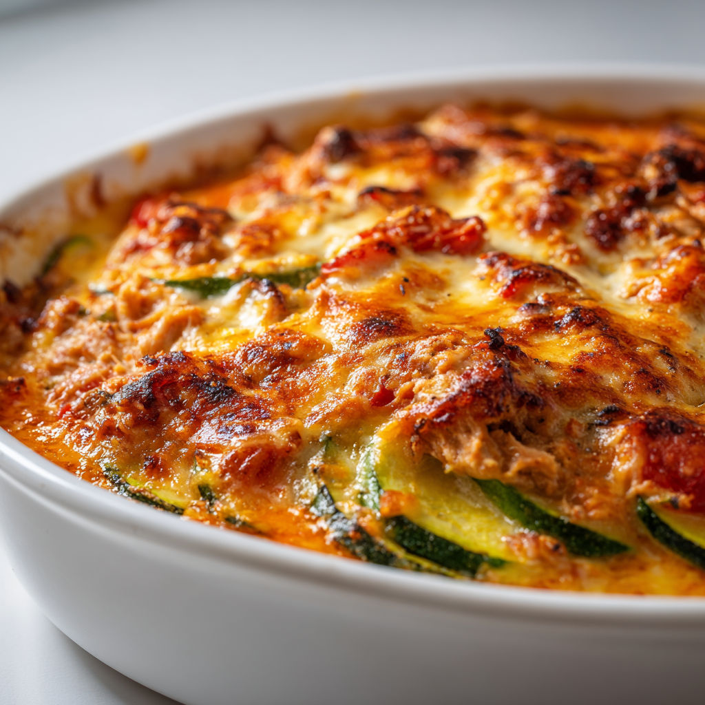 Un gratin aux courgettes, avec quelques légumes frais et herbes autour.
