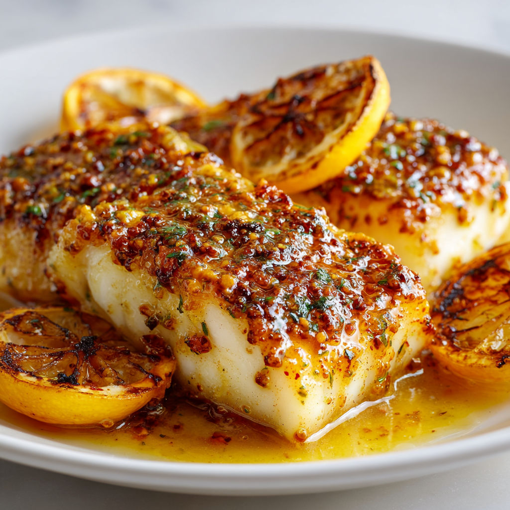 Un poisson rôti accompagné de citrons et d’herbes fraîches, baignant dans sa sauce.