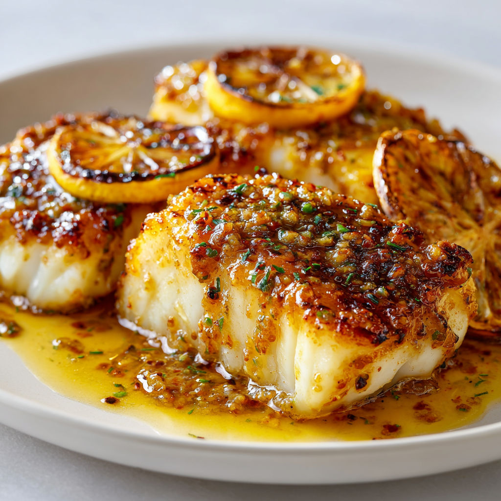 Des pavés de poisson bien dorés à la poêle avec citrons et aromates.
