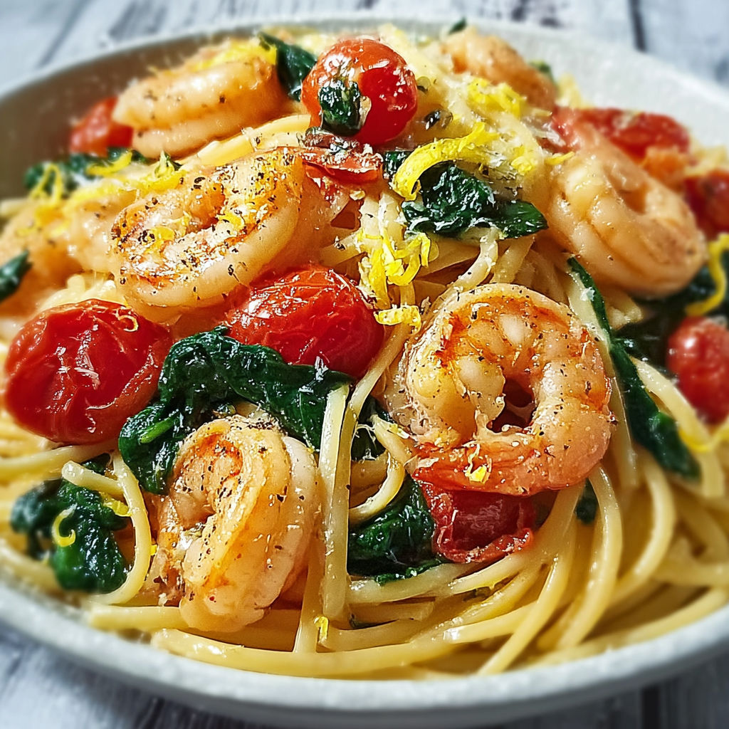 Jolie assiette de pâtes, crevettes, tomates et épinards dans une sauce beurre-ail.