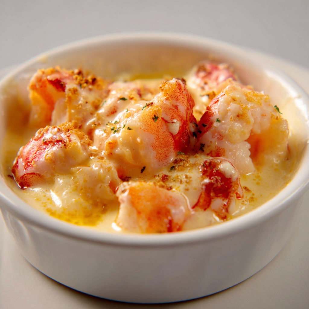 Un bol de soupe onctueuse de langoustines avec des croûtons dorés.