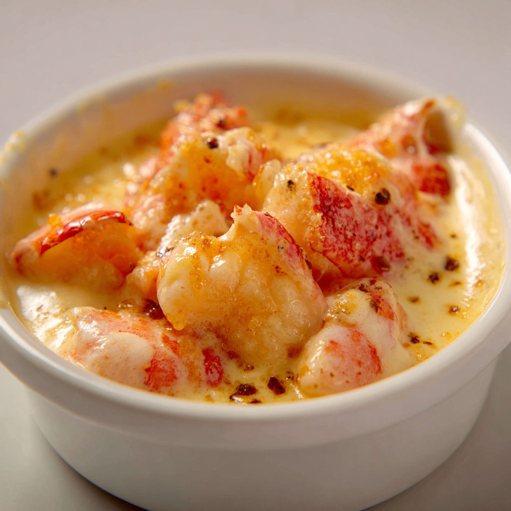 Un bol de soupe crémeuse aux langoustines, nappée de sauce.