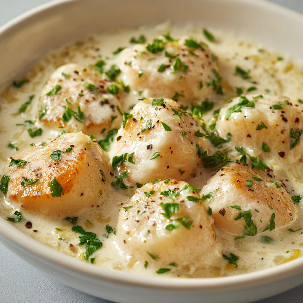 Une belle soupe de Saint-Jacques parsemée de persil et ciboulette.